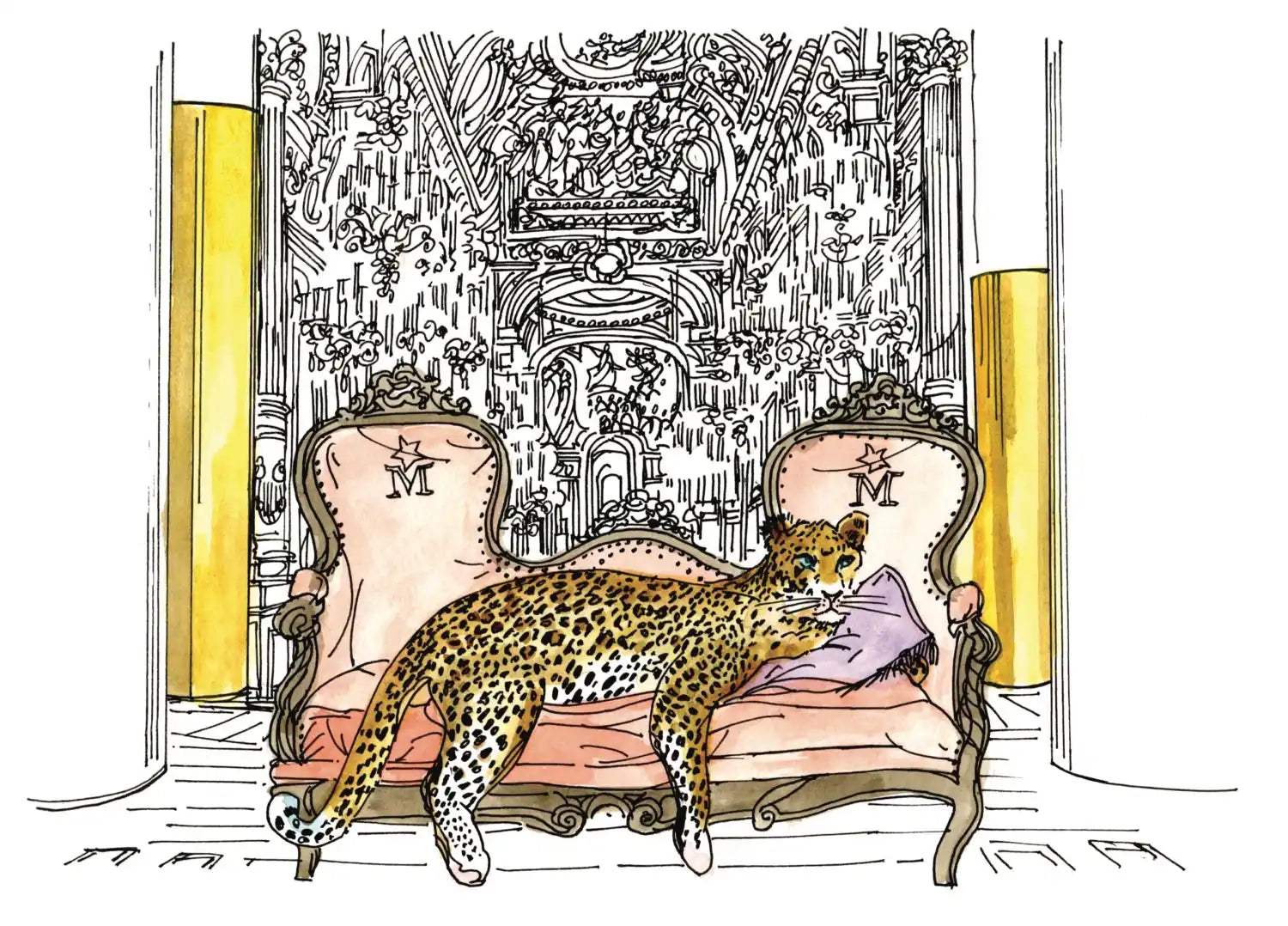 Leopard lounging on ornate pink chaise lounge.