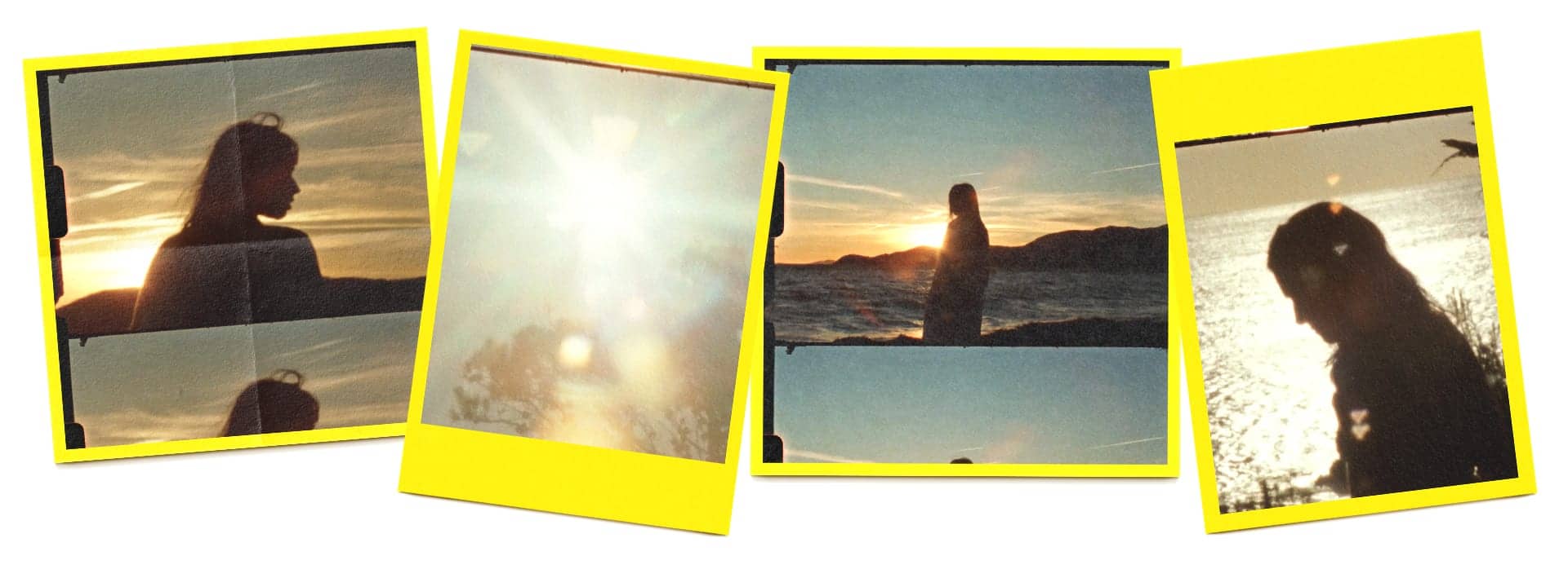 Yellow polaroid-style photo frames with silhouettes of people against sunset and ocean scenes.
