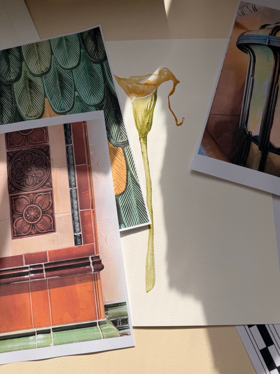 Watercolour studies and glazed tile details from the Memo Paris artist collaboration