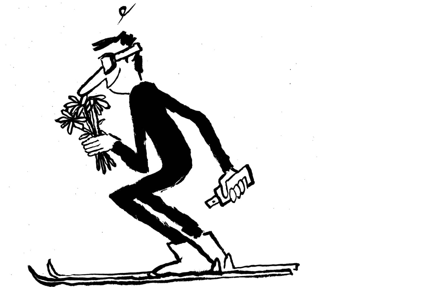 A black-and-white cartoon illustration of a skier in motion, holding flowers and a bottle.