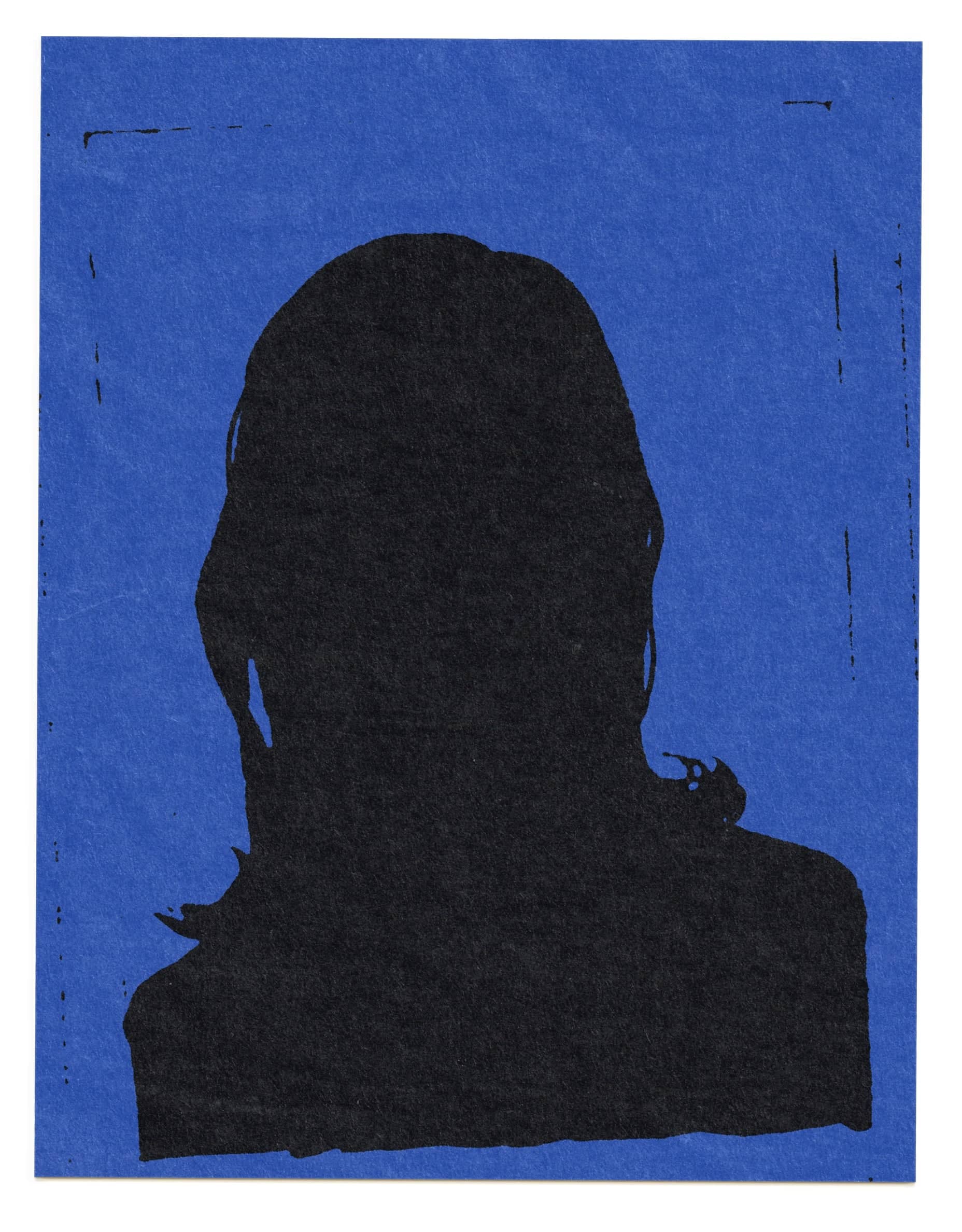 Black silhouette of a person with long hair against a textured blue background.