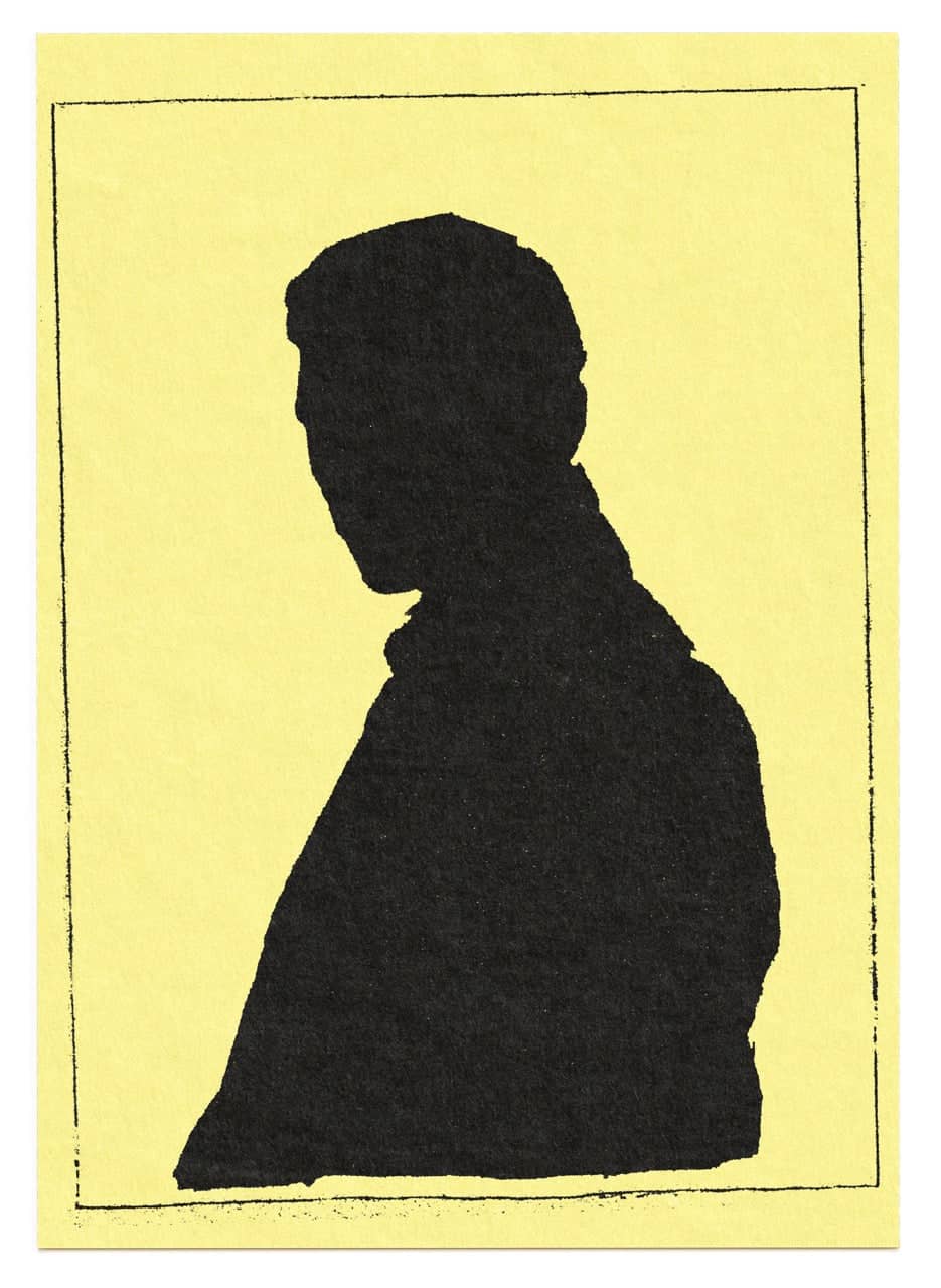 Black silhouette portrait of a person in profile on pale yellow paper.