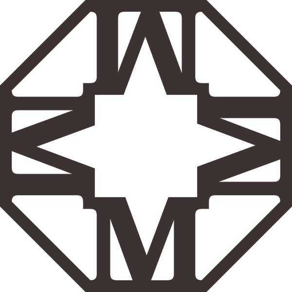 Dark gray geometric logo featuring a central starburst shape surrounded by intersecting angular lines.