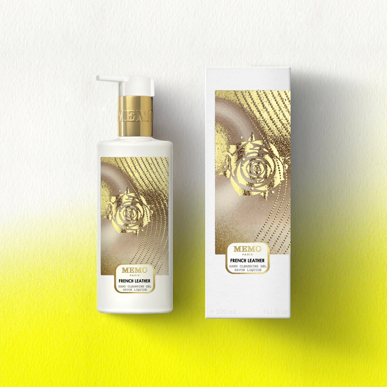 White bottle with gold pump and rose design labeled memo paris french leather liquid hand cleansing gel for liquid hand use
