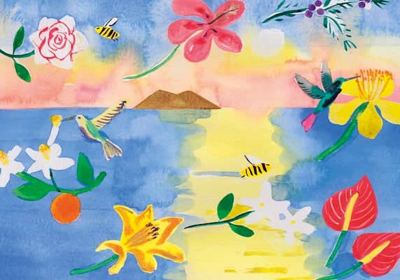 A vibrant watercolor painting featuring a tropical scene with colorful flowers, hummingbirds, and bees against a sunset sky.